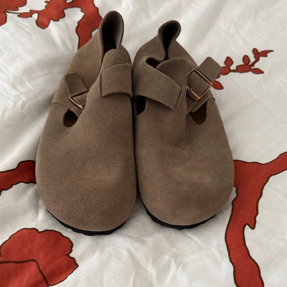 Birkenstock Taupe Suede Slip-On Clog with Buckle Detail